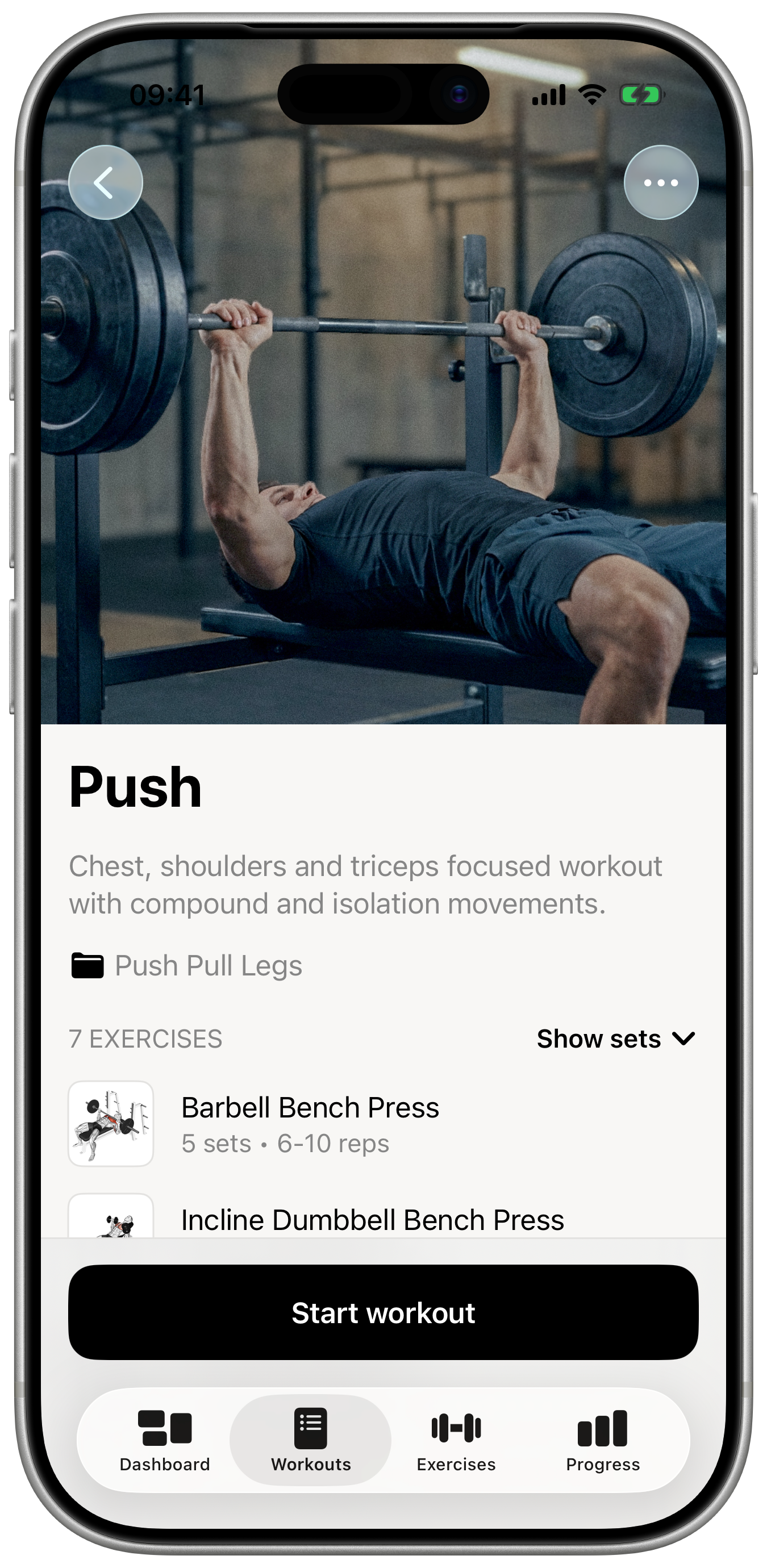 A Push workout in Reps showing its exercises with set and rep targets, ready to start