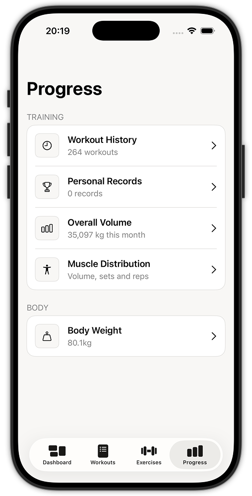 The Reps Progress tab: a Training section listing Workout History, Personal Records, Overall Volume and Muscle Distribution, and a Body section showing Body Weight.